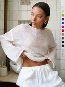 Womens Oversized Sheer Knit Beach Cover Up, Boat Neck Long Sleeve Tunic Top, Knotted or Loose Fit Swim Coverup for Pool Party
