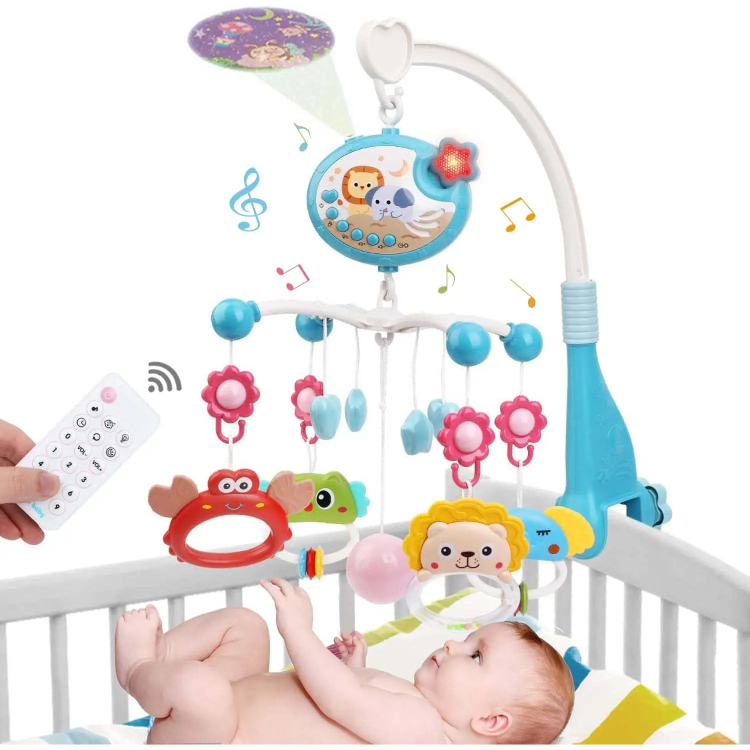 Baby Crib Mobile with Music and Light, Crib Toy with Remote Control & Timming Function, Projector Rotating Hanging Rattles Toys Baby Mobile Gift Toy  0-24 Moths Boys and Girls