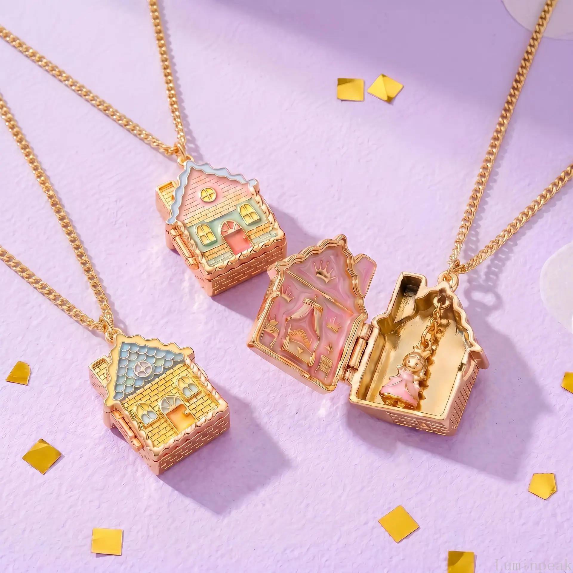 Whimsical Gingerbread House Pendant Necklace, Colorful Enamel Openable Locket with Blue, Pink & Green Details, Versatile Unisex Jewelry
