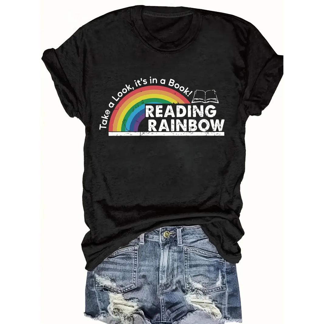Women's Rainbow Reading Lover Graphic T-Shirt, Cute Teacher & Librarian Short Sleeve Apparel, Aesthetic Bookworm & Literacy Gift Fashion Top, Soft Breathable Casual Summer Top, Viral Trendy Retro Academic Statement Streetwear Crew Neck
