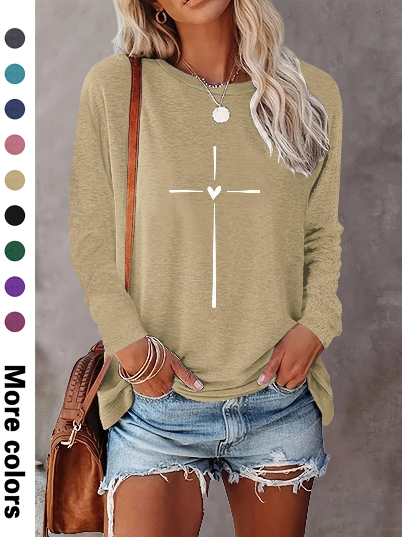 Women's Heart & Cross Print Round Neck Tee, Casual Long Sleeve Fitted Crew Neck T-shirt for Spring & Fall, Fashion Women's Top for Daily Wear Womenswear