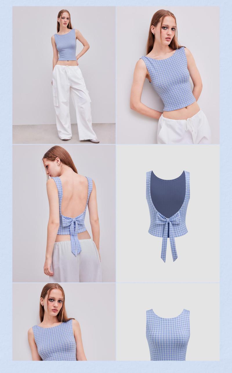 Cider [3 colors, size 0-24] Boat Neck Gingham Bowknot Backless Crop Tank Top, Boat Neck Summer Women's Tank Top for Date Vacation, High Stretch Cute Crop Tank Top