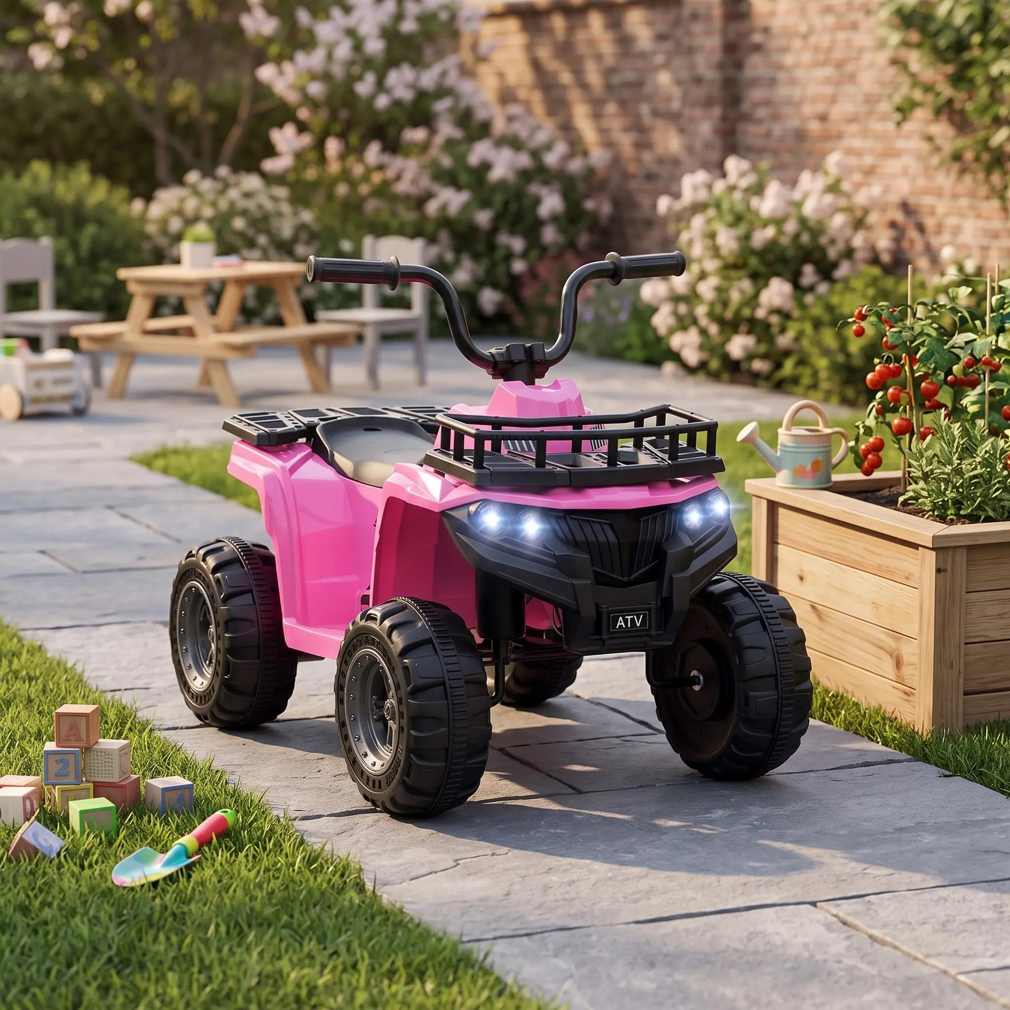 【IdealHouse】12V Kids Electric Ride On ATV Quad, High and Low Speed Modes, Rugged Treaded Tires, Comfort Rubber Handles, LED Lights, Realistic Design, Outdoor Battery Powered Ride On Toy, Ideal Gift for Boys and Girls