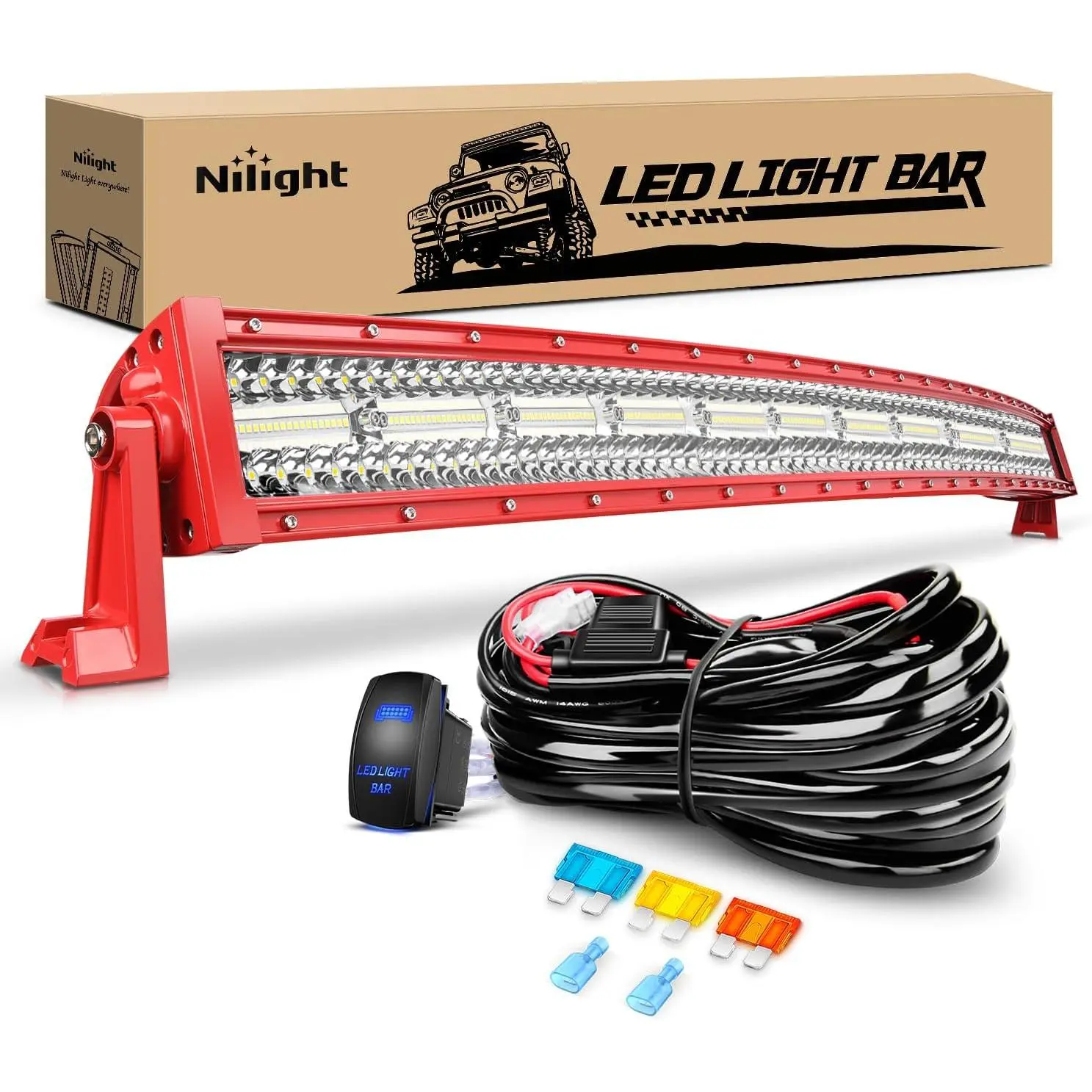 Nilight 42-Inch Triple Row Super Bright LED Light Bar with Red Shell, Spot-Flood Combo, Wiring Harness - LED Offroad Lights, Offroad Lighting System for Off-Road Trucks, Car Work Light, Light Bars For Trucks