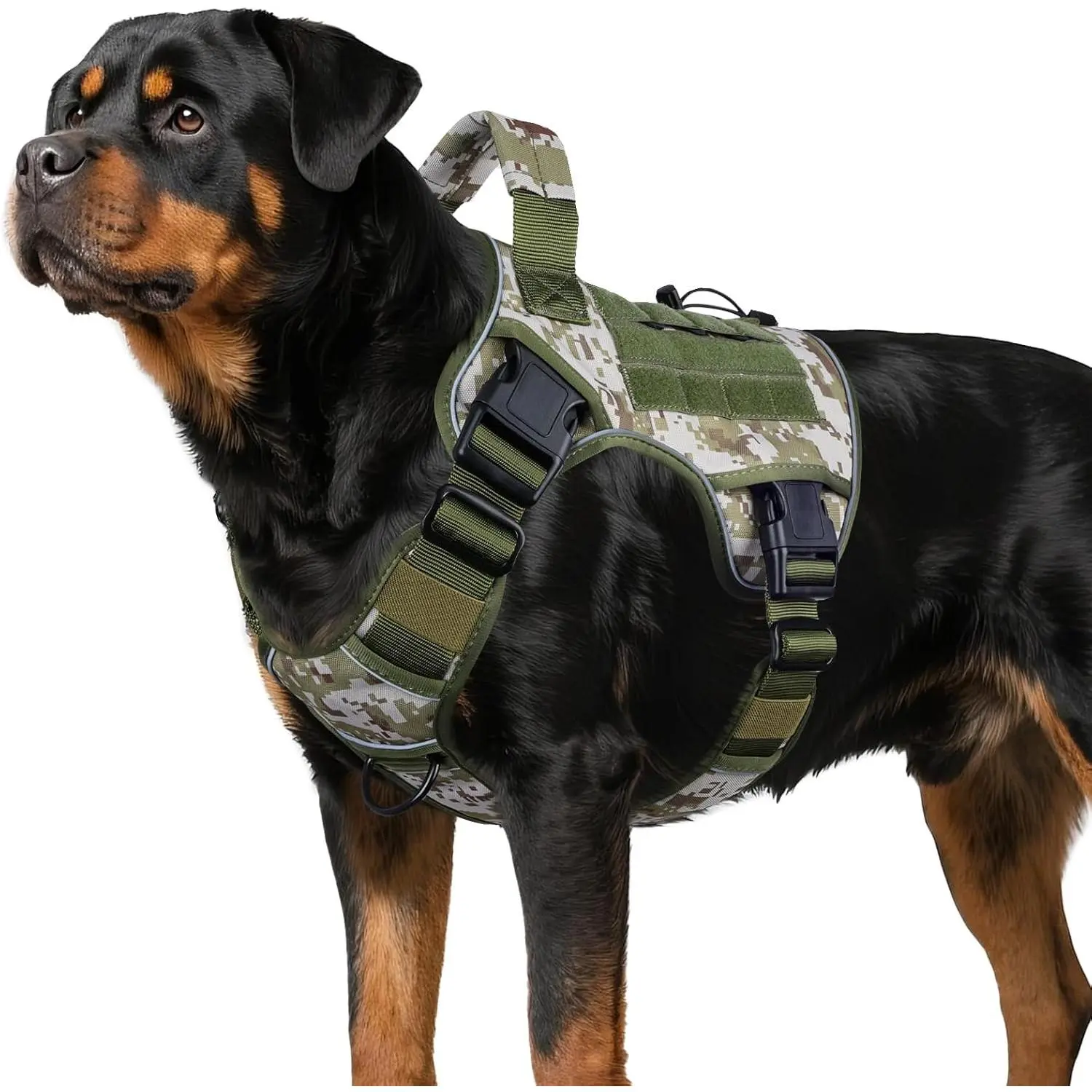 Tactical Dog Harness for Large Dogs, Heavy Duty No Pull Dog Harness with Handle, Adjustable Reflective Military K9 Big Pet Vest for Husky, Doberman, Walking, Hunting, Green Camo (XL)