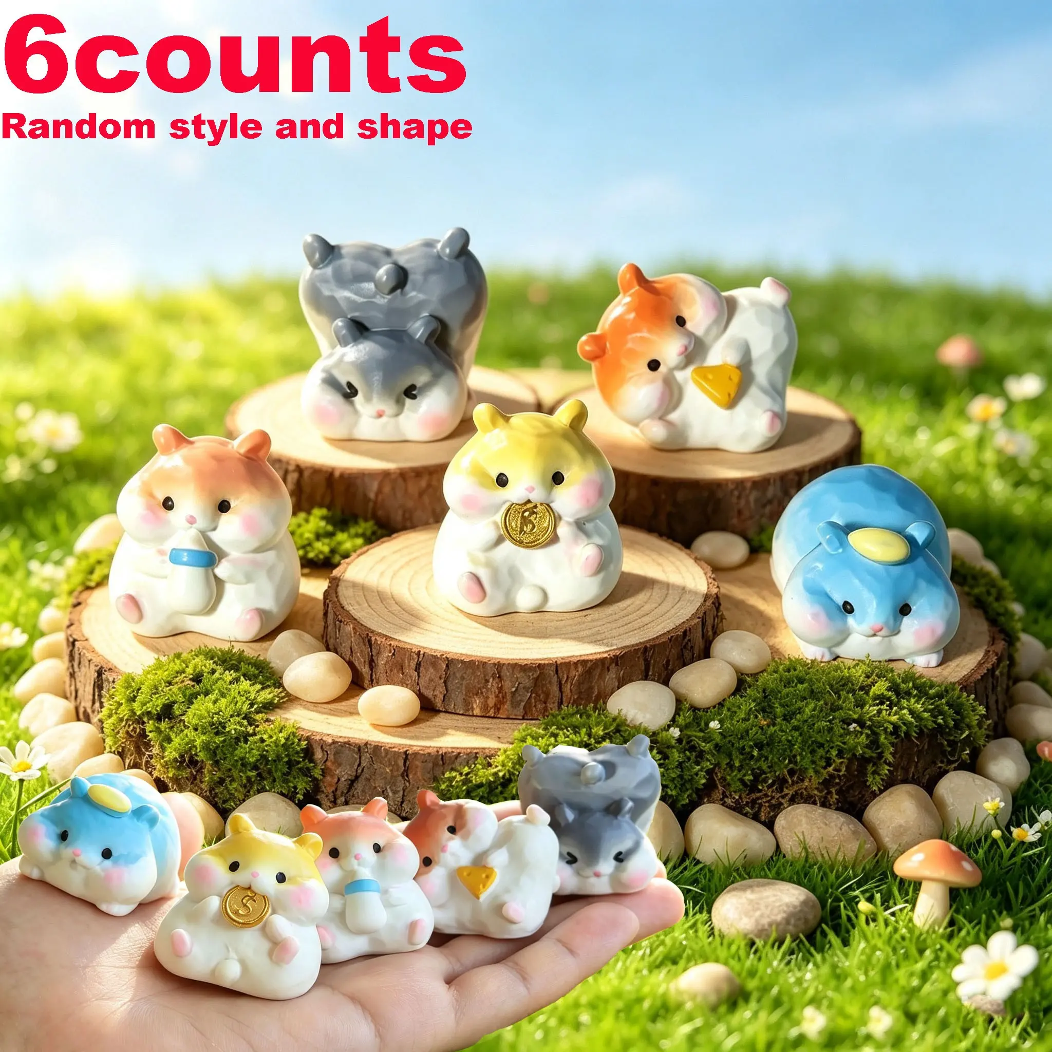 Cute Fufu Hamster Desktop Miniature Figurine, High-Value Foodie Hamster Doll, Colorful Healing Desk Ornament, Random 6 Pieces
