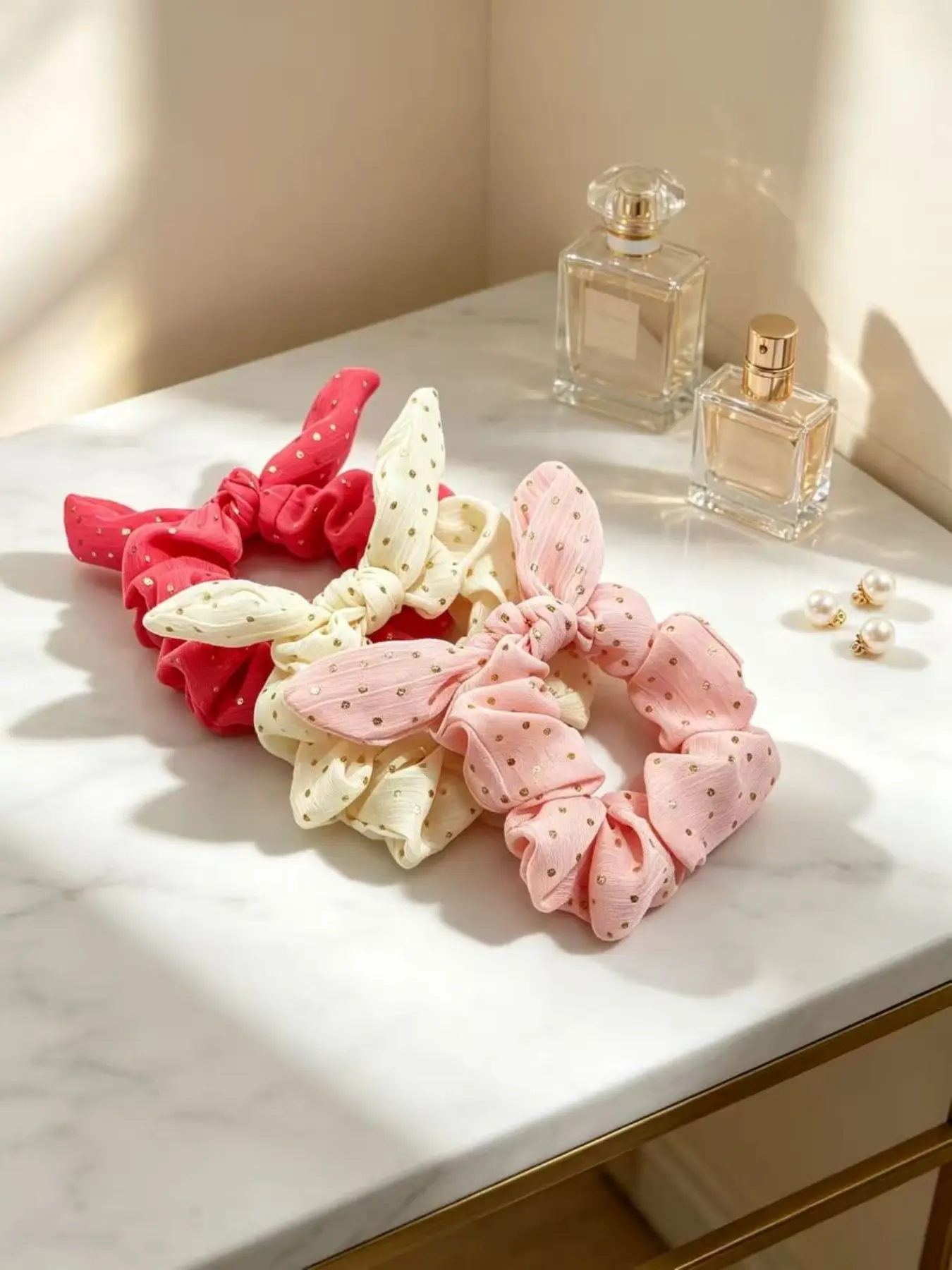 3pcs Sweet Rabbit Ear Polka Dot Hair Ties, Vacation Style Chiffon Hair Rope, Cute and Trendy Accessories for Women
