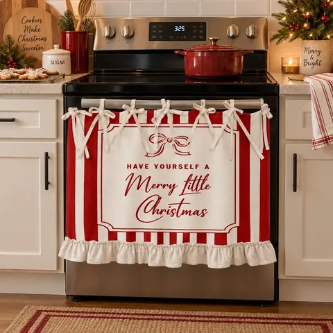 Christmas Red White Striped Ruffled Oven Door Curtain, Kitchen Skirt Decorative Cover for Oven, Dishwasher & Cabinet, Holiday Farmhouse Home Decor