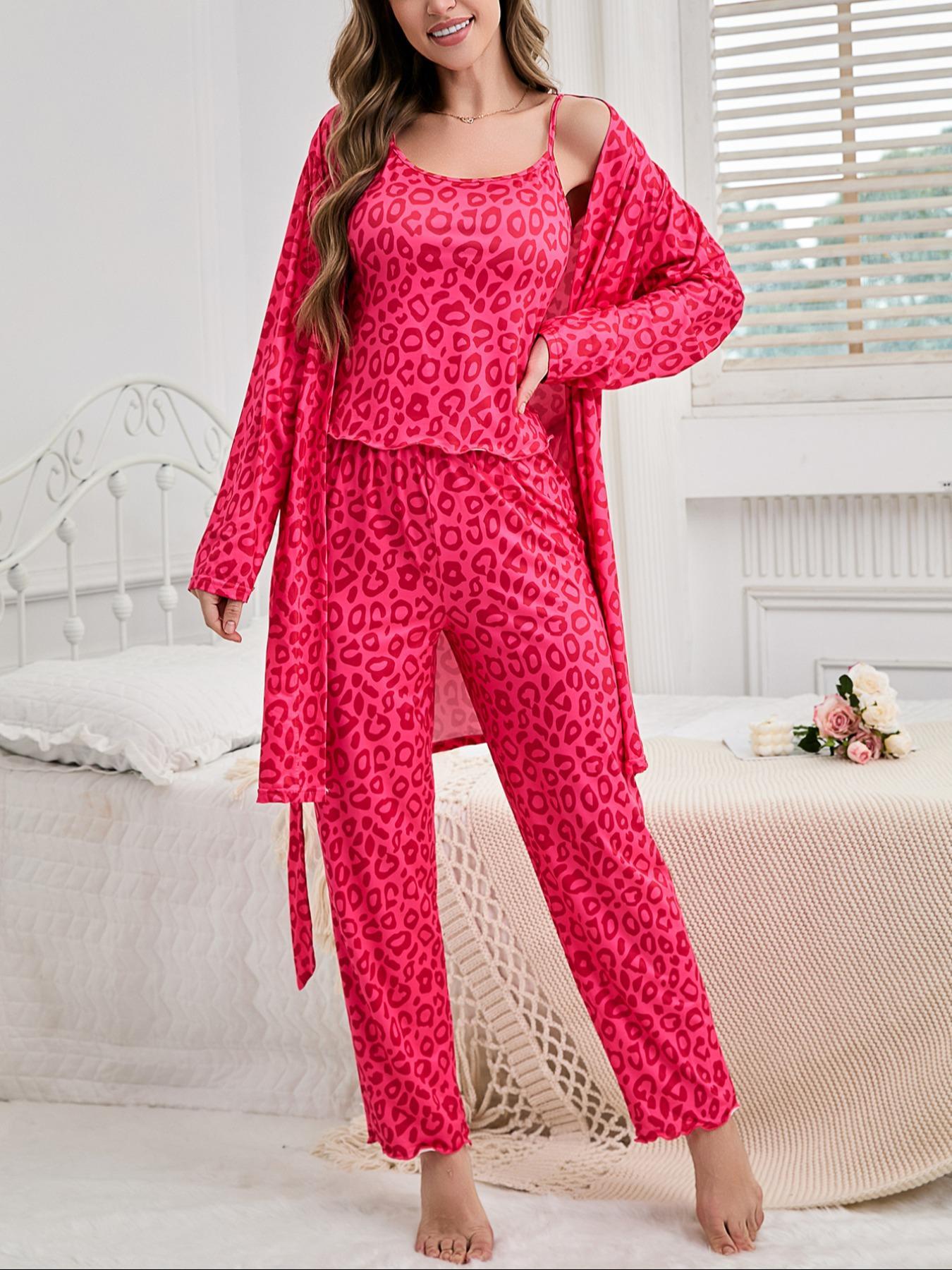 Women's All Over Leopard Print Long Sleeve Pajama Pyjamas Three-Piece Set, Casual Comfy Lounge Nightwear Set for Women, Comfy Loungewear Set for Daily Home Wear