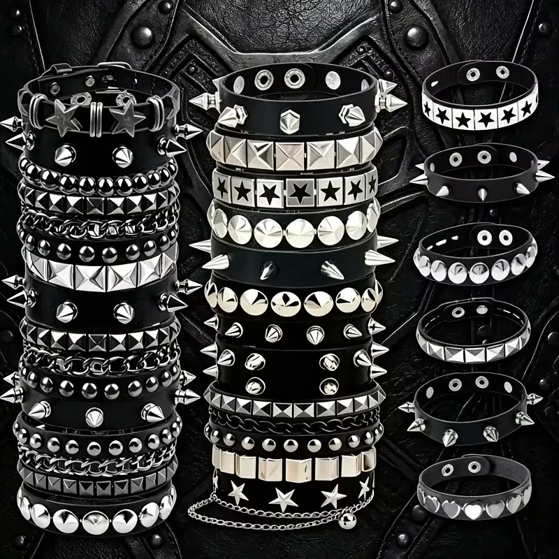 3/4/5Pcs Punk Gothic Faux Leather Bracelet Set - Skull Spike, Star Chain Cuffs, Fashionable Jewelry, Stacked Design, Hip Hop, Emo, Grunge Accessories for Y2K Streetwear