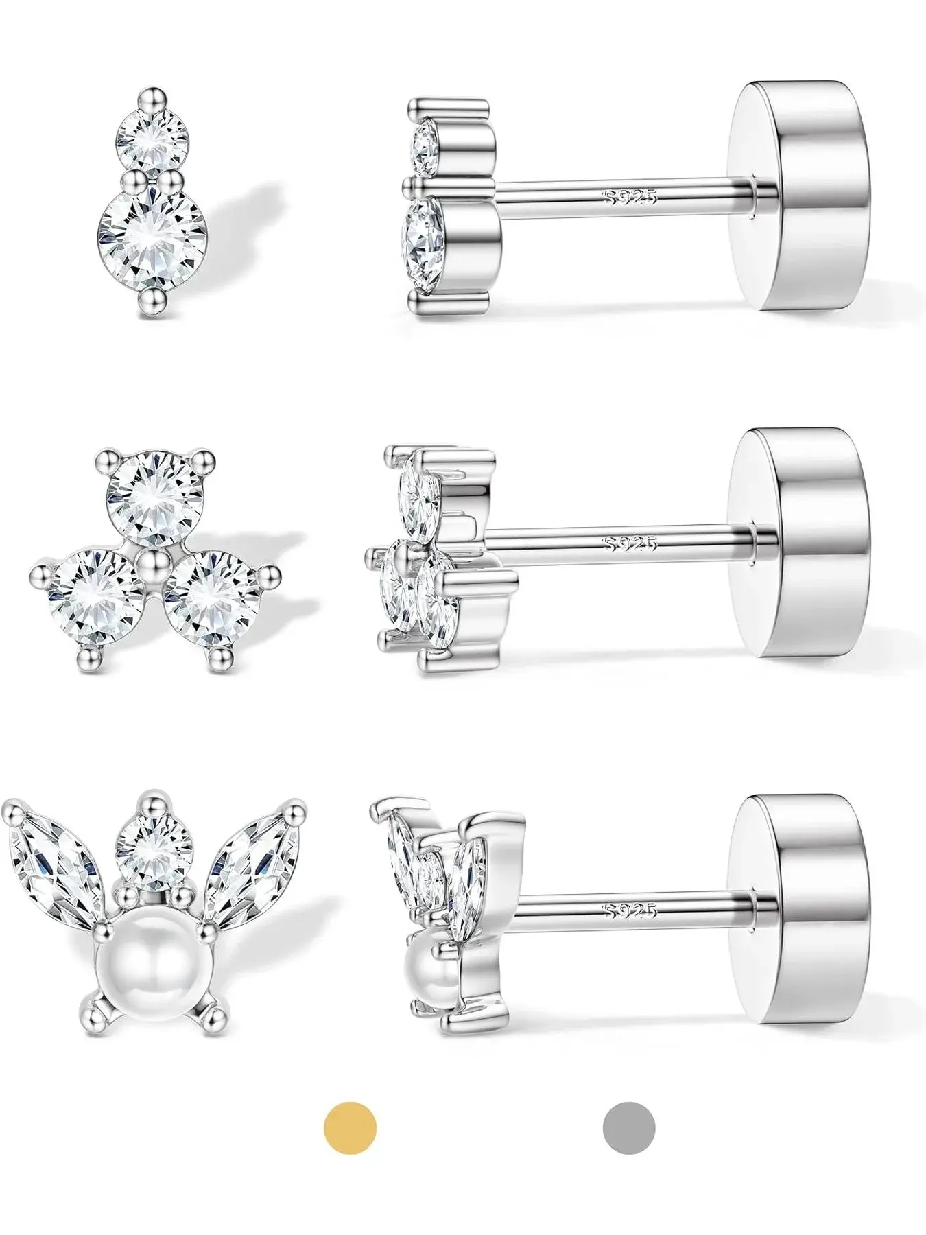 3 Pairs Flat Back Stud Earrings for Women Hypoallergenic Cartilage Earrings for Sensitive Ears Small CZ Opal Conch Helix Tragus Piercing Jewelry 20G