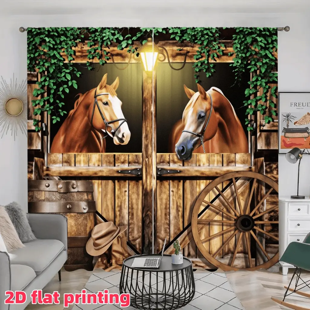 2D Flat 2Pcs Brown Horse Curtains, Ranch Style Countryside Window Decor, Semi-Shade Rod Pocket Drapes, Equestrian Barn Theme Privacy Panels for Living Room Bedroom Farmhouse Decor.
