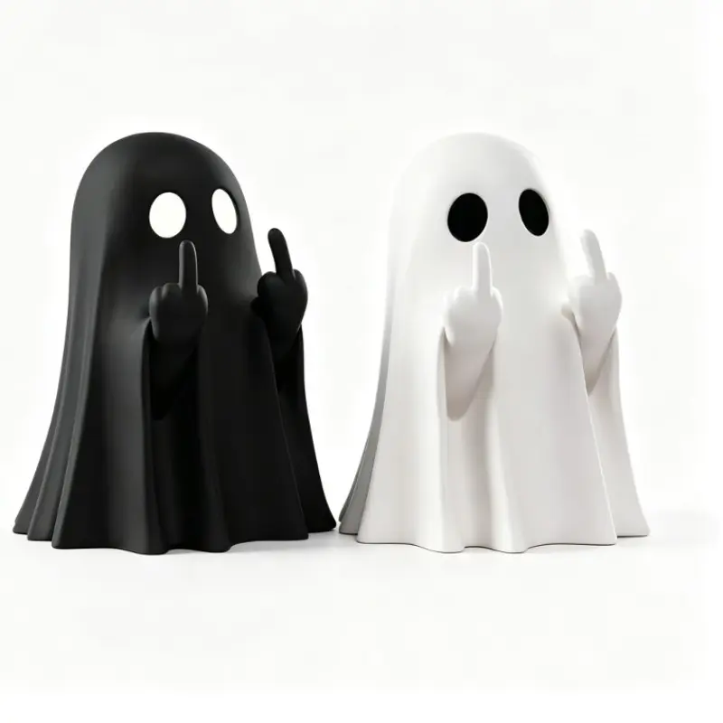 2Pcs Funny Middle Finger Ghost Figurines for Adults, Cute Spooky Desk Decor, Quirky Ghost Statues, Decorative Accessories for Room & Office, Humorous Halloween Gag Gift, Black & White Minimalist Aesthetic Sculptures, TikTok Trending Desk Toy