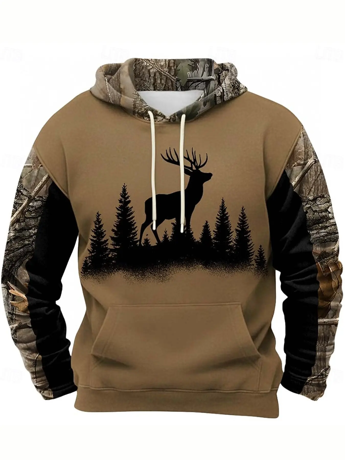 Forest Elk Silhouette Jungle Camouflage Spliced Drawstring Hooded Long Sleeve Casual Sweatshirt