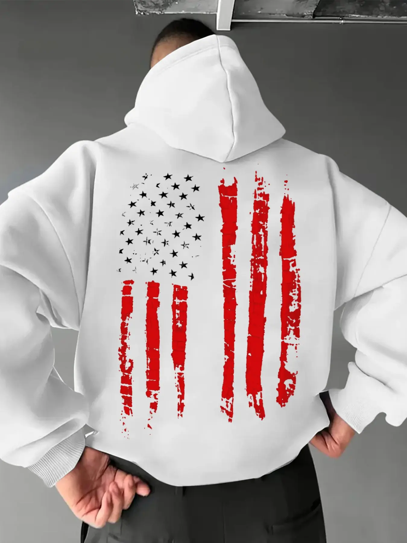Vintage Worn American Flag Back Print Pullover Hoodie, Loose-Fit Floral Pattern, Men's Fashion All-Seasons Casual Top
