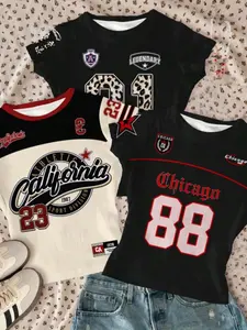 3-pack girls' casual T-shirts, Y2K sports print short-sleeved round-neck short tops, digital print, college-style trendy short-sleeved T-shirts with leopard print pattern, daily wear printed shirts, girls' clothing