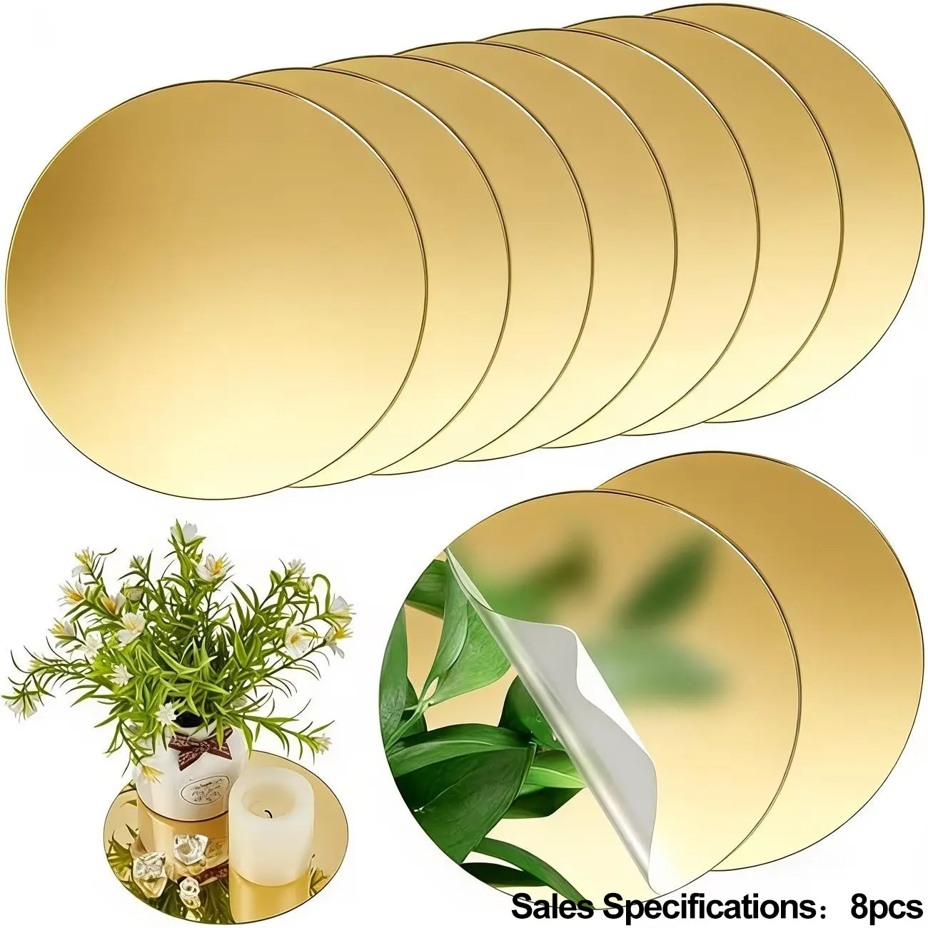 Decorative tray, set of 8, 20cm golden circular acrylic mirror tray, candle tray, suitable for table center decoration, wedding decoration, birthday and party decoration, photo props (non food contact)
