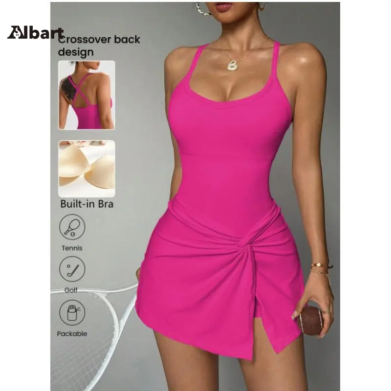 Women Spaghetti Strap Tennis Dress, U Neck Slim Bodycon Athletic Dress With Twist Knot Wrap Split Skirt And Built-In Safety Shorts, Soft High Stretch Sport Dress For Tennis, Golf, Pickleball, Gym Workout & Casual Daily Wear