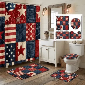 4pcs Stars and Stripes Themed Shower Curtain Set Independence Day Style Multi-functional Partition Shower Curtain Shower Curtain with Hooks Non-slip U-shaped Toilet Toilet Lid Cover Bathroom Decoration