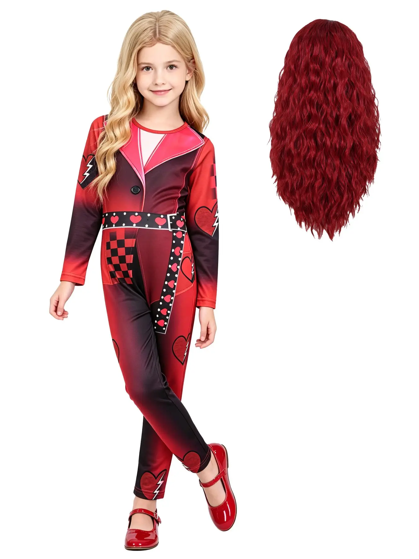 Cool Girls' Costume Set with Wig, Comfortable All-Day, Slim-Fitting Party Suit, All-Over Print, Regular Length, All Seasons