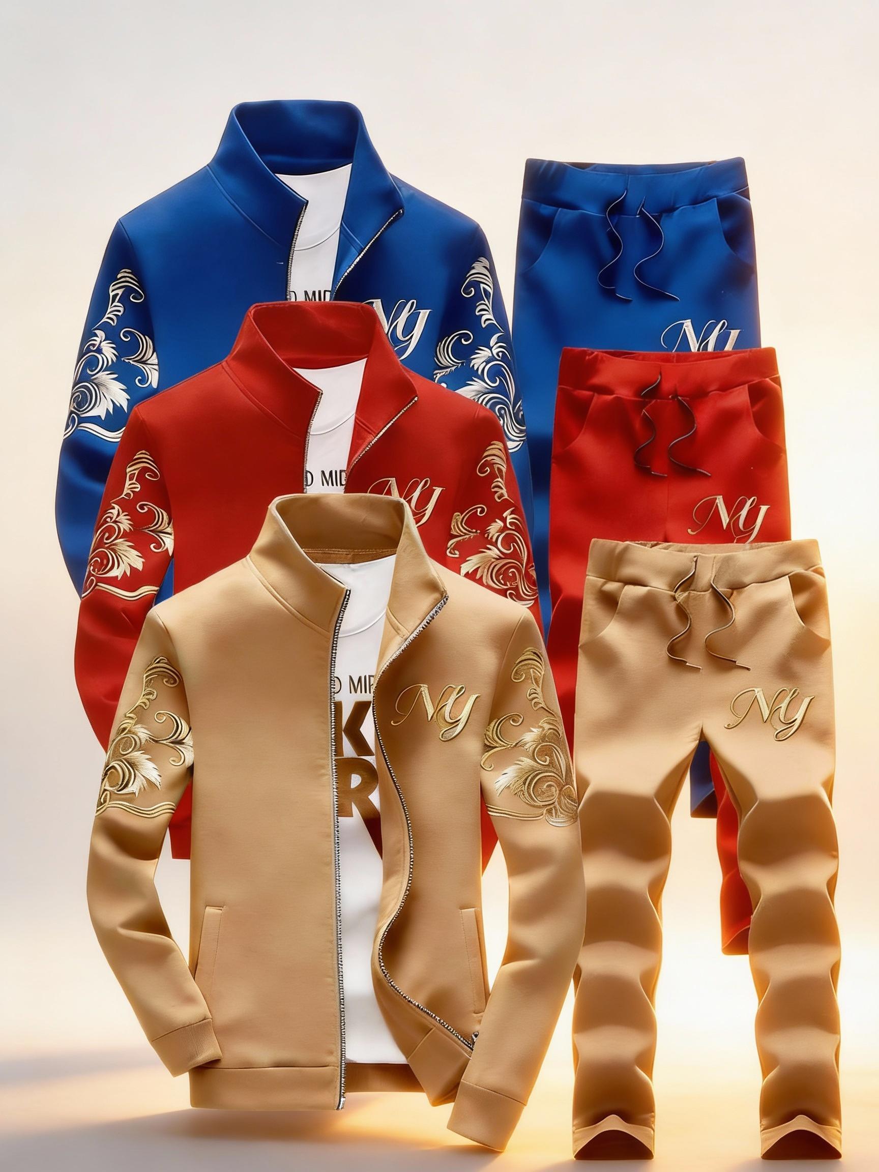 Fashion Men's 3-Piece Coordinated Set with Embroidered Logo and Zipper Closure in Black Red and White