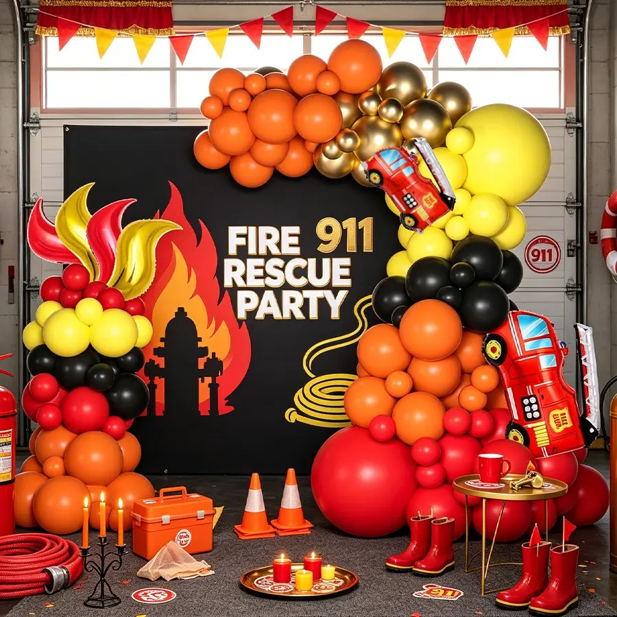 110pcs Fire Truck Balloon Garland, 18 Inch Gold Foil Balloons, Vibrant Metal Gold Balloon Arch, Perfect for Fire Rescue Birthday Party