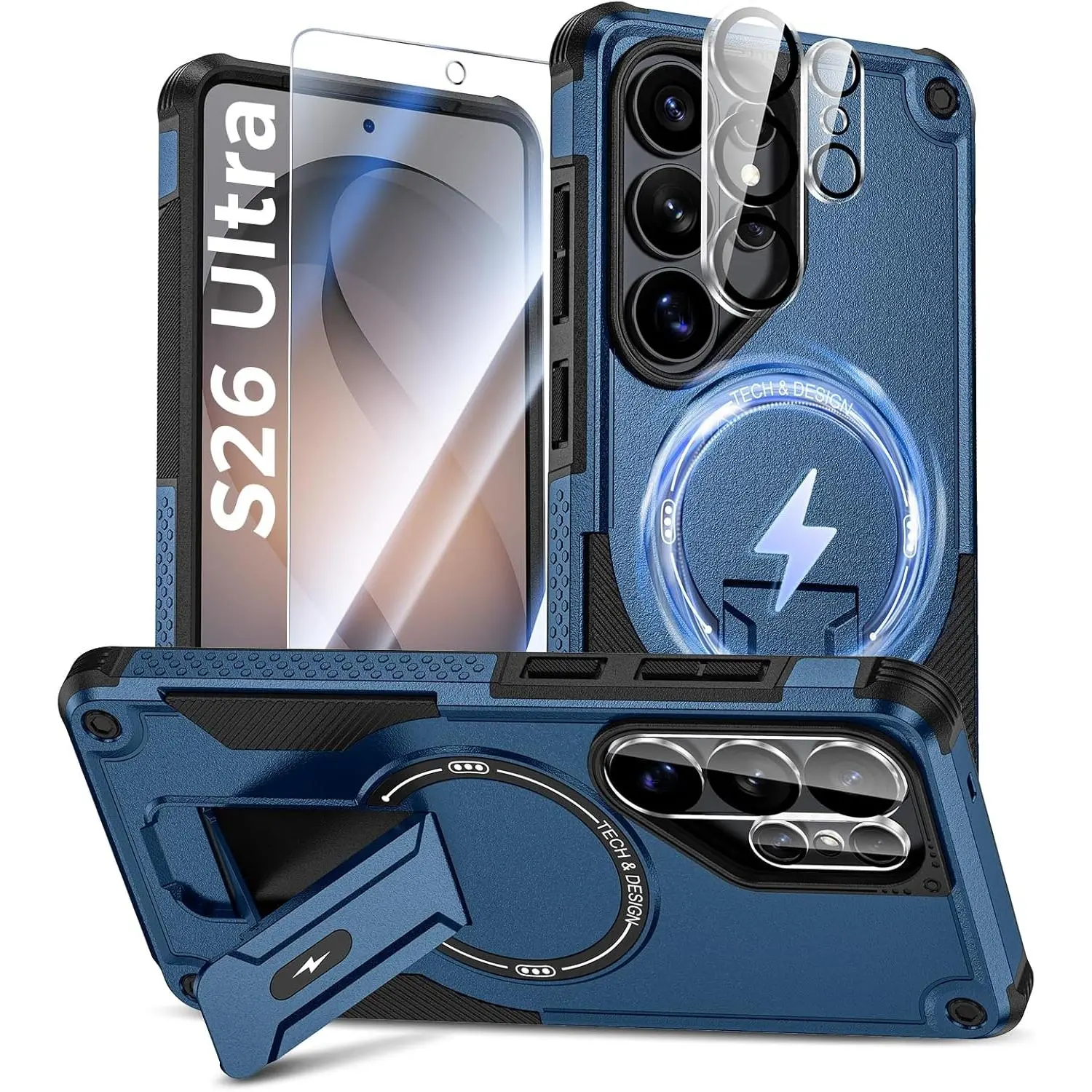 for Samsung Galaxy S26 Ultra Case with Tempered Glass Screen Protector & Camera Lens Protector, Compatible with MagSafe, Invisible Kickstand, Shockof Phone Cover, Blue