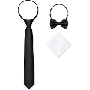 Boys Pre-tied Zipper Tie Elastic Strap Bowtie and Pocket Square 3-piece For Age 1-16 Years With Gift Box