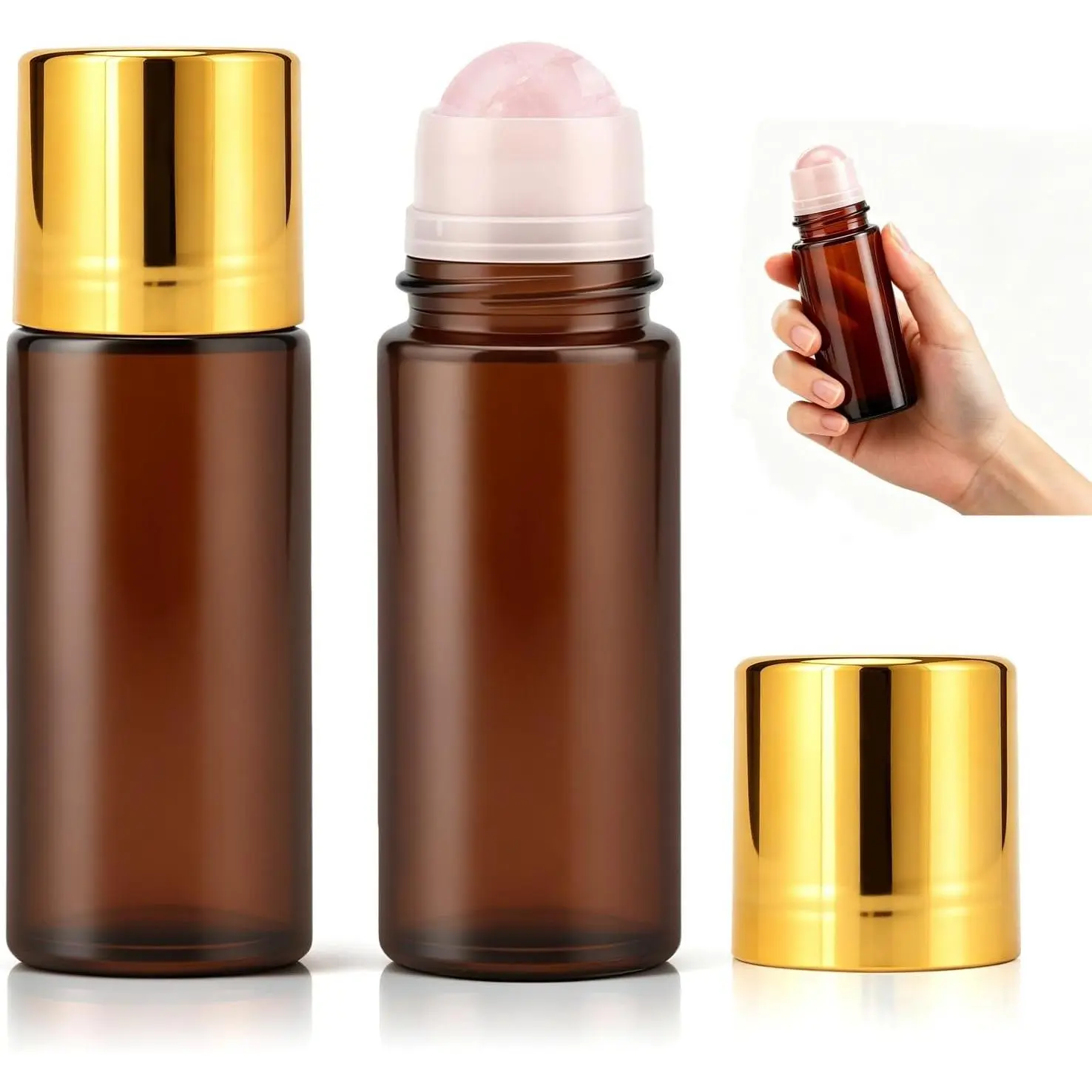 2 count Rose Quartz Roller Bottles, 50ml Refillable Roll  Bottles with   Roller Balls, Quartz Roller Ball Glass Bottle for Oils, Leak-Proof Travel Kit