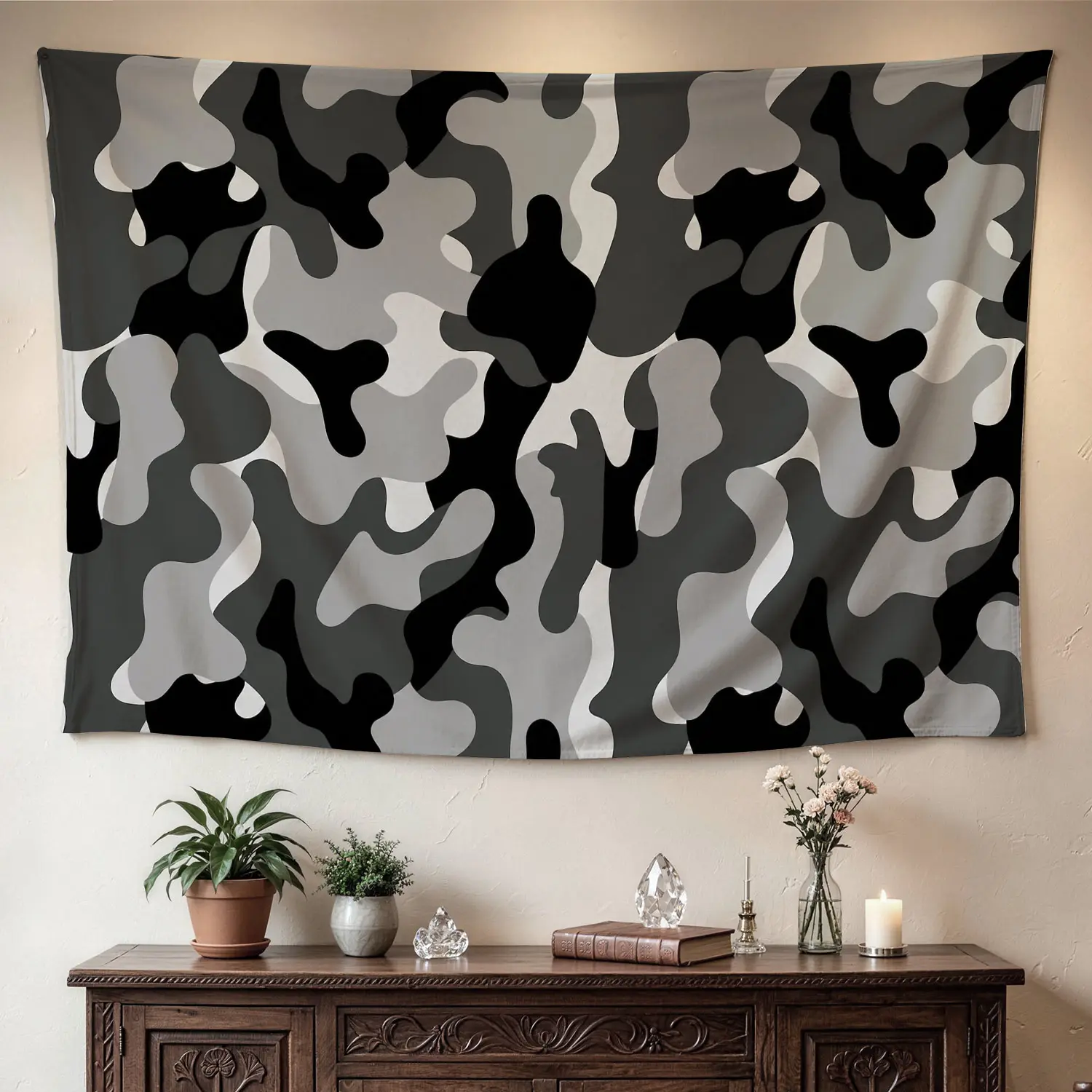 Grey Camouflage Synthetic Polyester Wall Hanging Tapestry - 30x40 inch Large Horizontal Printed Artwork Panel, No-Installation Decor Accessory for Home Inspo, Room Decorations, Family Holiday Gift