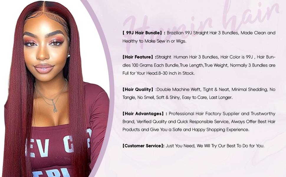 99J Straight Bundles Hair Extensions Burgundy Straight Human Hair Bundles Weave Extensions Double Weft Brazilian Soft and Silky for Black Women