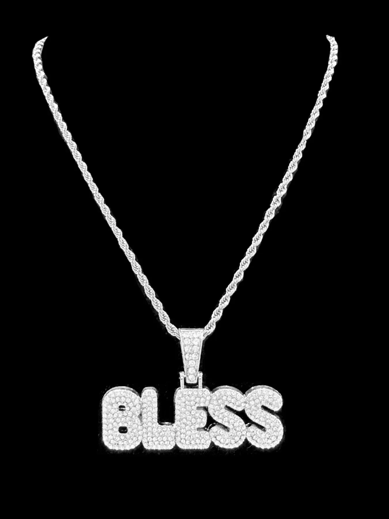 Personalized Bless Full Diamond Letter Pendant Necklace, Rap Style Fried Dough Twists Chain, Hip-Hop Street Accessories, Alloy Pendant Necklace