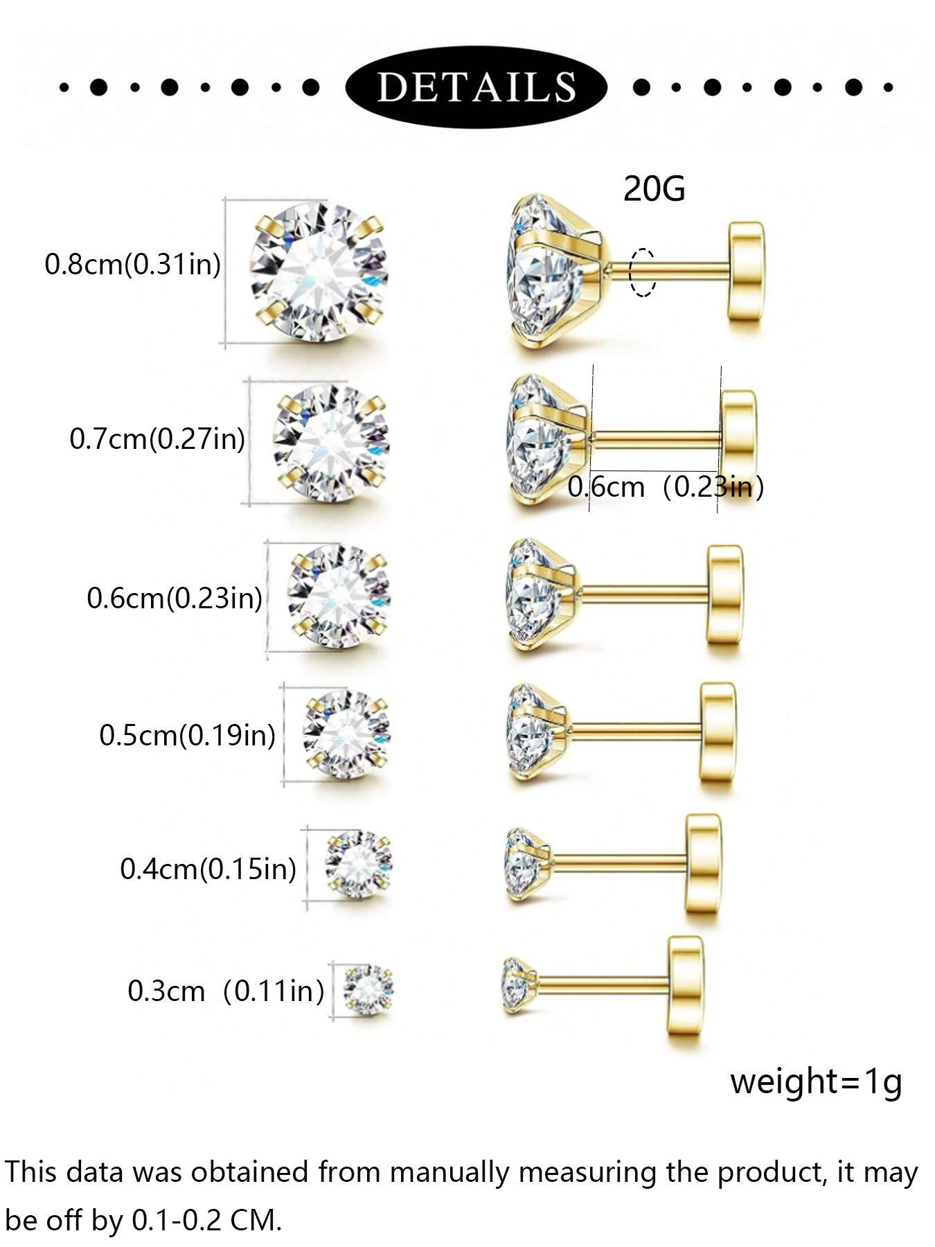 Earrings Set, Stainless Steel Cubic Zirconia Ear Bone Studs, 20G Ear Cartilage Piercing Earrings, Body Piercing Jewelry, Fashion Accessories for Women & Men, Earbone Studs