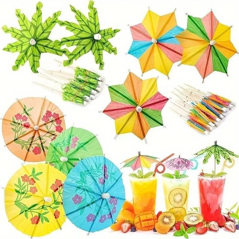 40pcs Tropical Drink Umbrellas & Cocktail Picks, Coconut Palm & Rainbow Designs, Firework Stirrers & Bamboo Sticks for Party Decorations