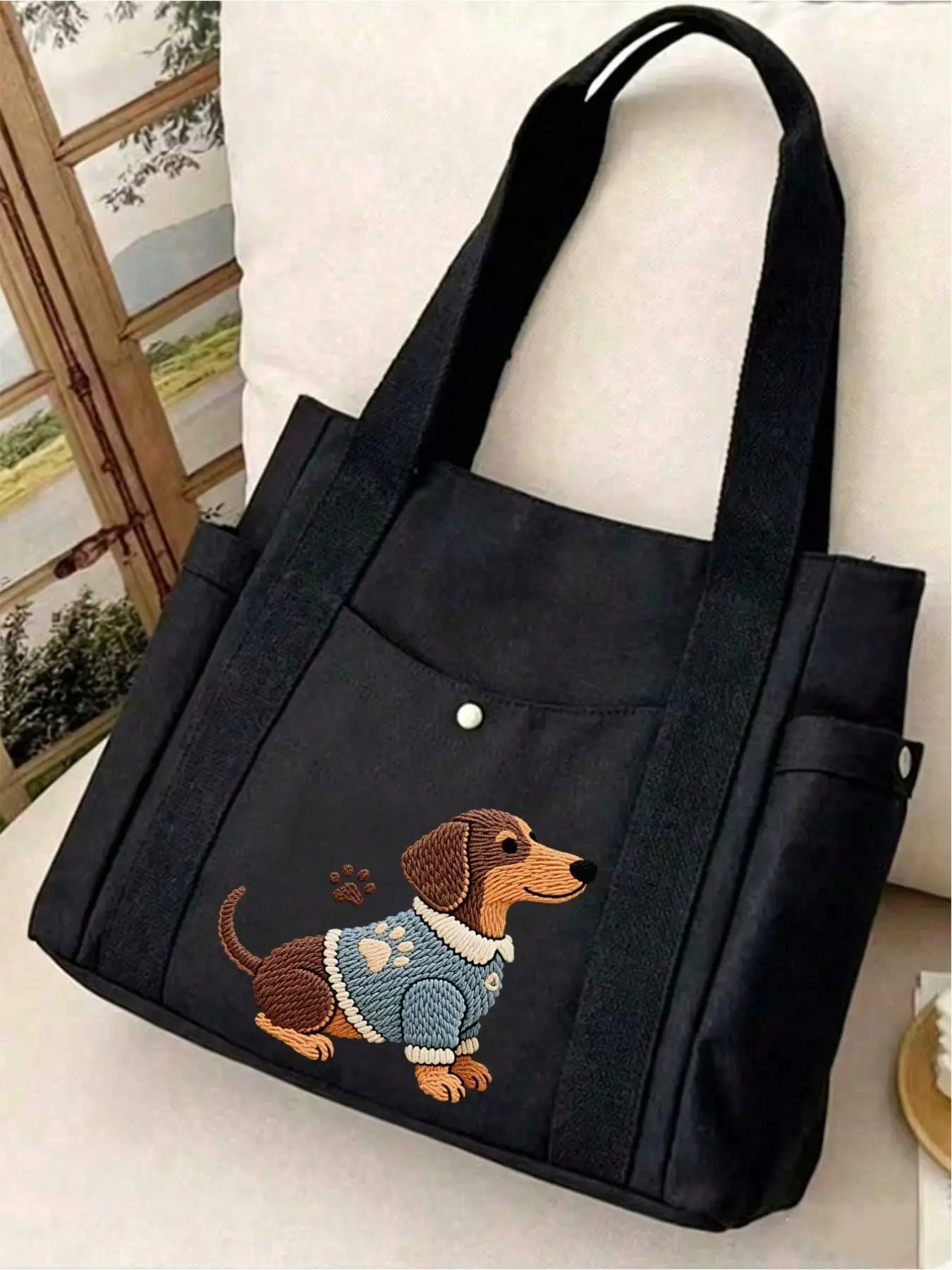 Blue Dog Embroidered Handbag, Cute Heart Sunglasses Design, Large Capacity Multi-Pocket Shoulder Bag, Ideal for Shopping, Work, Travel