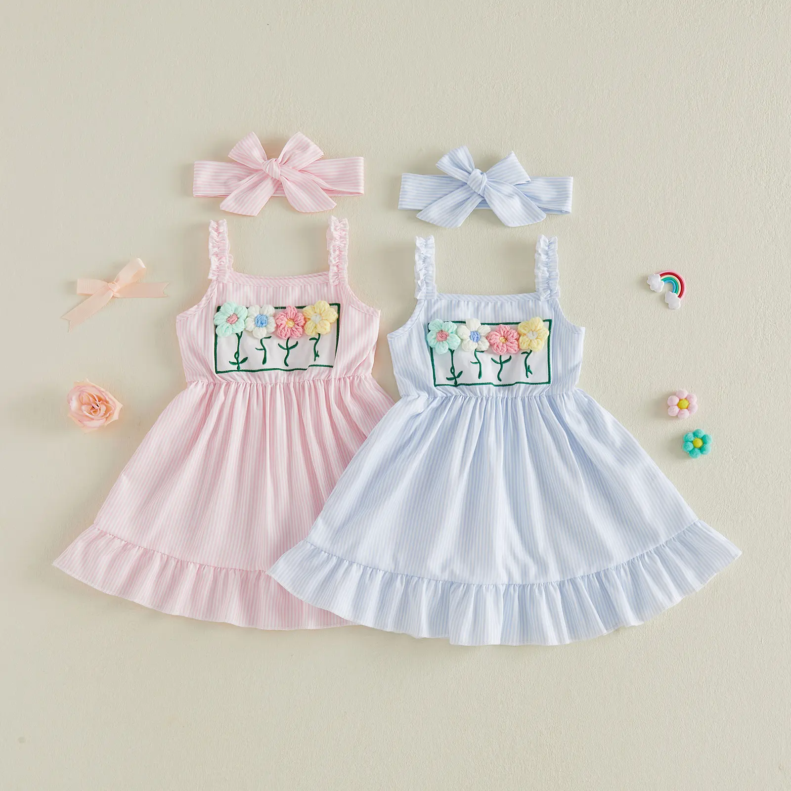 Toddler Baby Girl Outfits Flower Ruffled Trim Sleeveless A Line Dress and Bow Headband 2 Pcs Set