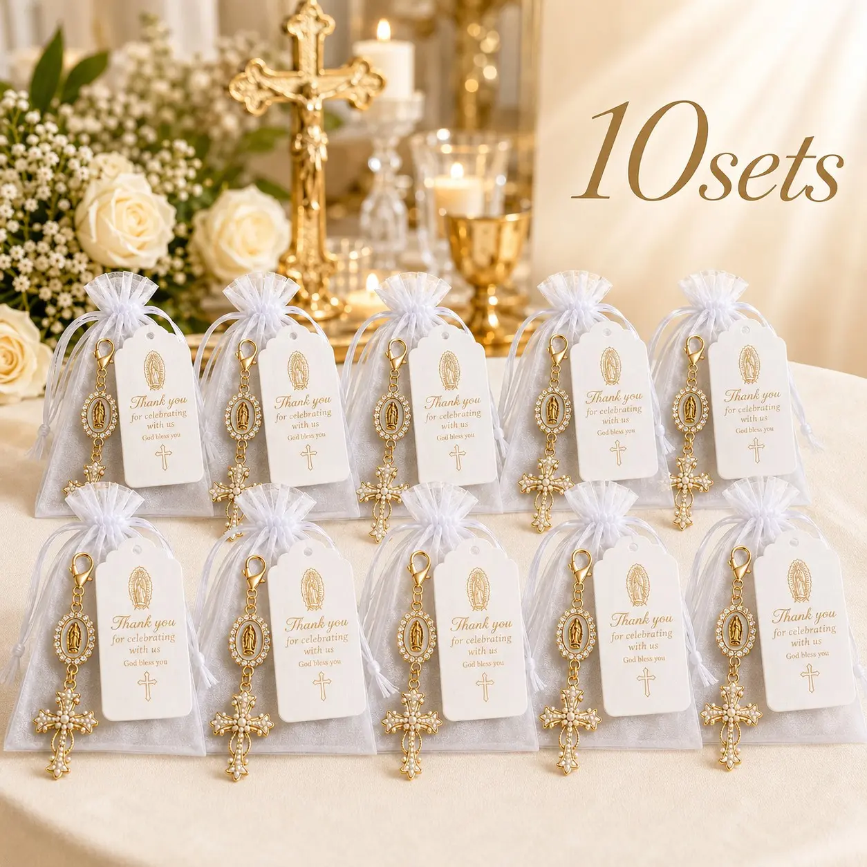 10/20 sets Virgin Mary Cross Keychain Baptism and Christening Favors, Gold Religious Keychains with Thank You Cards & White Organza Bags, First Communion Keepsakes, Baby Shower and Wedding Guest Gifts, Key Accessories