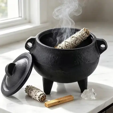 Vintage Rustic Solid Cast Iron Decorative Cauldron with Removable Lid - 1 Piece Home Decor Items, Mini Aroma Incense Burner Smudge Bowl with Weighted Base & Mystical Charm for Home Office Tabletop