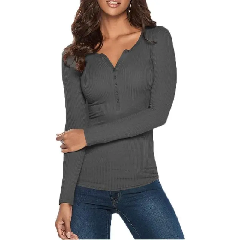 Women's Henley Shirts Long Sleeve V  Layering Tops Rib Thermal Fitted Underscrub Tshirt