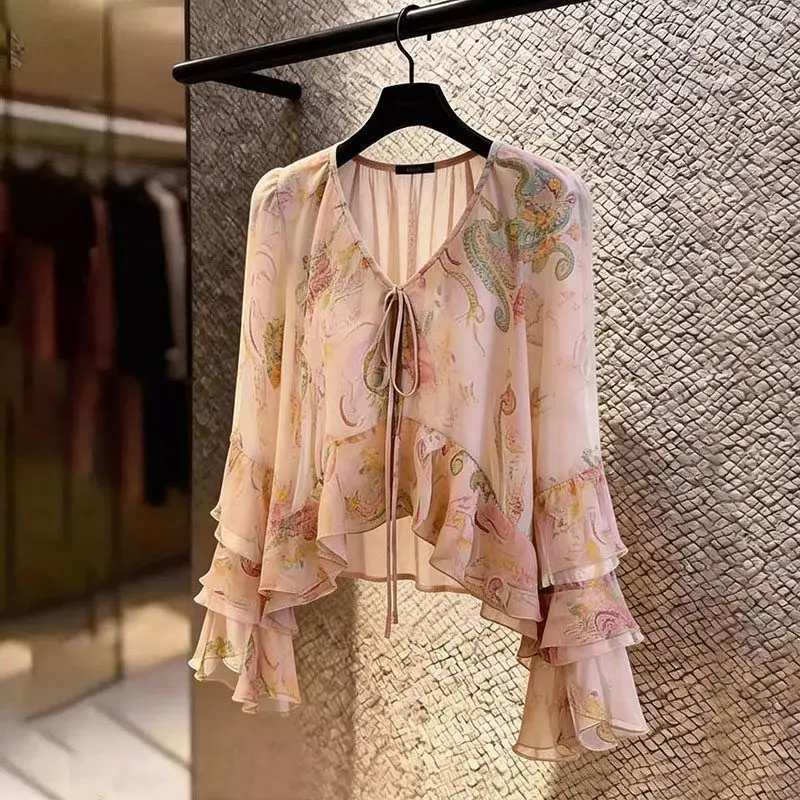 Women's 2026 Summer French Luxury Paisley Print Chiffon Blouse - V-Neck Front Tie Pullover, Layered Flare Long Sleeve Irregular Spliced Loose Cropped, Feminine Adjustable Lightweight Polyester Top (Pairs with Linen Skirts, Slip Styles)