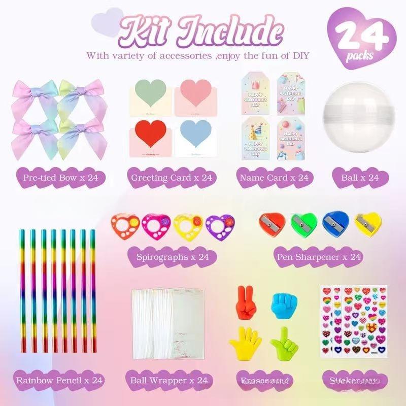 Party 24-Pack Giant Lollipop Valentine's Day Set with Rainbow Pencils & Candy Lollipop-Shaped Containers for School Parties & Classroom Gifts Perfect for Boys and Girls Christmas Stationery Kids Halloween Sticker Eraser Stamper Heart Card