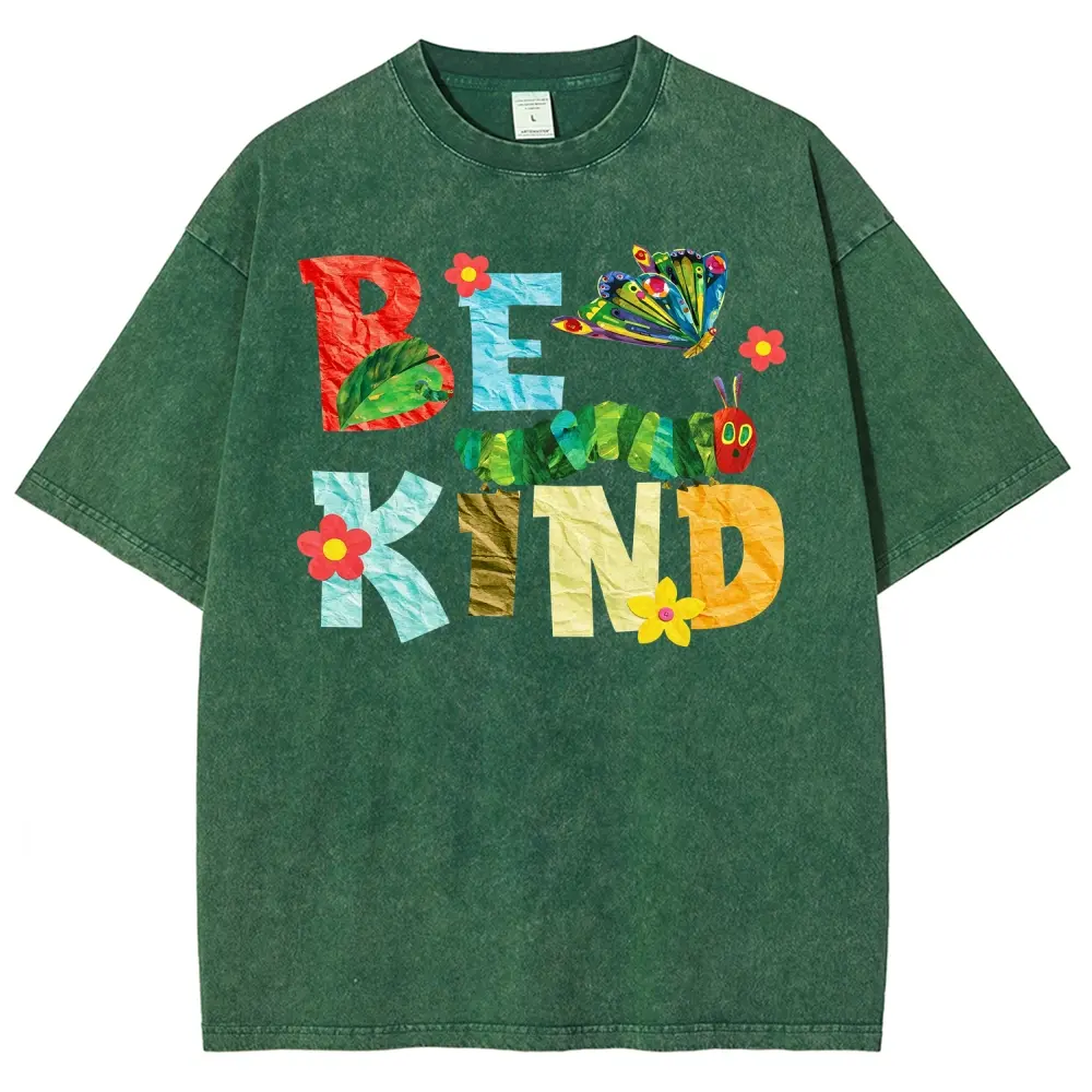 Be Kind Paper Collage Bug Butterfly Floral Vintage Washed Tee Unisex Graphict Washed T-Shirt Personalized Pattern Y2k Clothing Round Neck Washed T-Shirt,Women's Clothing 100% Cotton, Menswear, Top, Vintage Style,Summer Casual Oversized