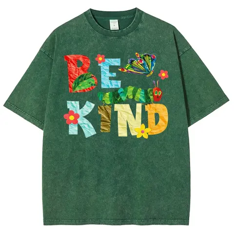 Be Kind Paper Collage Bug Butterfly Floral Vintage Washed Tee Unisex Graphict Washed T-Shirt Personalized Pattern Y2k Clothing Round Neck Washed T-Shirt,Women's Clothing 100% Cotton, Menswear, Top, Vintage Style,Summer Casual Oversized