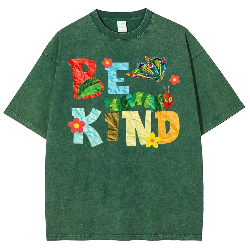 Be Kind Paper Collage Bug Butterfly Floral Vintage Washed Tee Unisex Graphict Washed T-Shirt Personalized Pattern Y2k Clothing Round Neck Washed T-Shirt,Women's Clothing 100% Cotton, Menswear, Top, Vintage Style,Summer Casual Oversized