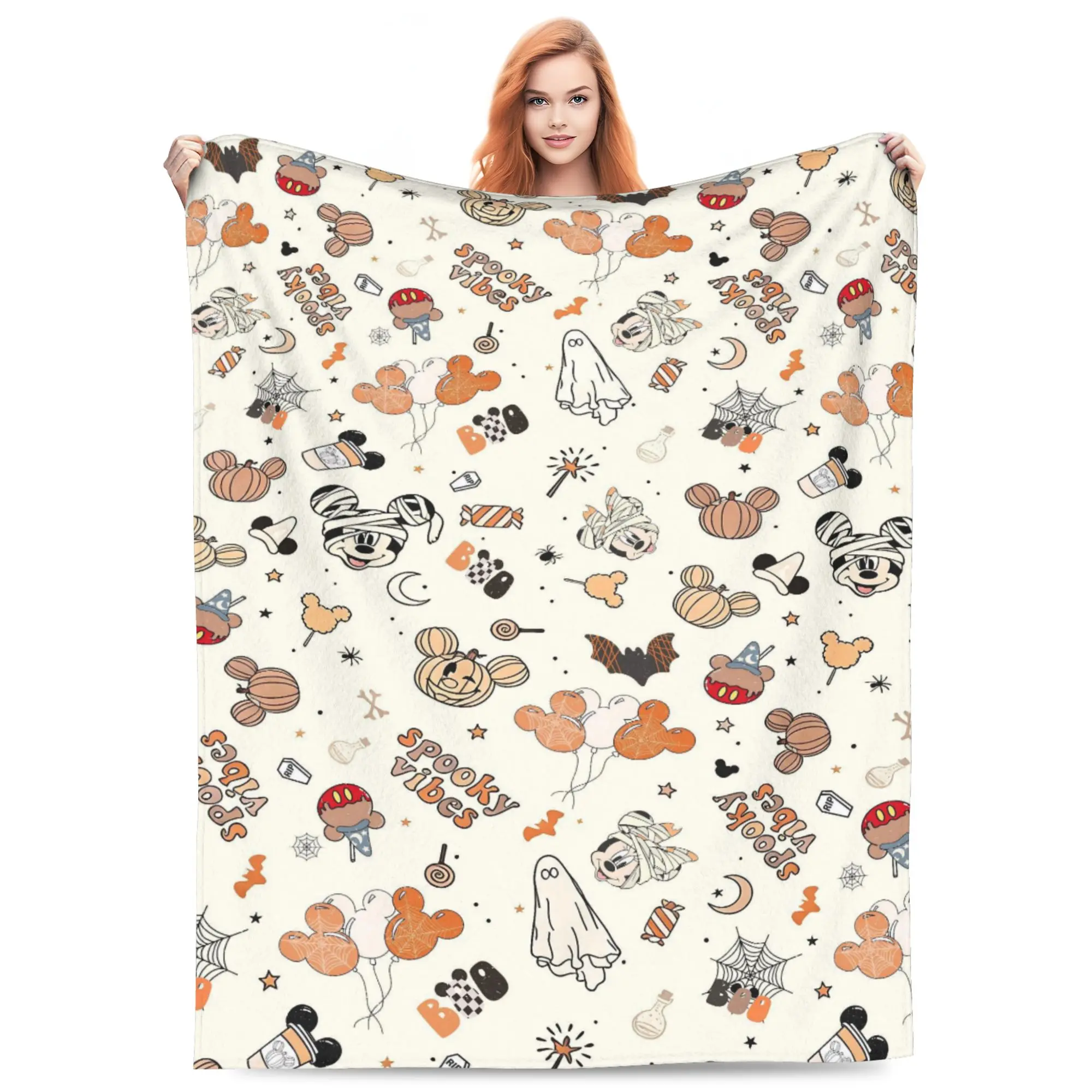 DISNEY CLASSIC Halloween Mickey Mummy Flannel Throw Blanket, Spooky Vibes Ghost Pumpkin Bat Print Blanket, Lightweight Soft Cartoon Blanket for Sofa Couch Bedroom Halloween Home Decor