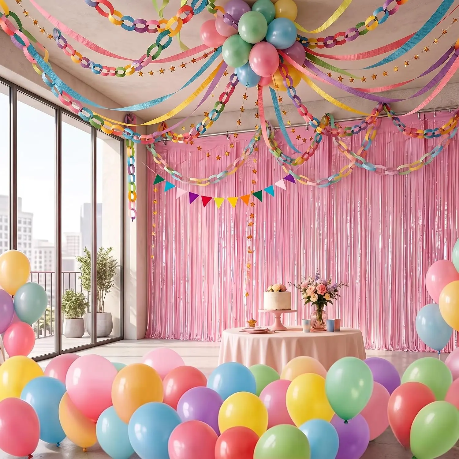 Lightweight Colorful 618-Count Paper Chain Decor Kit, Pastel Photo Decoration Ornaments for Birthday & Wedding Parties with 500 Paper Chain Strips, Balloons, Crepe Streamers, Garlands, Fringe Backdrop, Felt Pennant Flag
