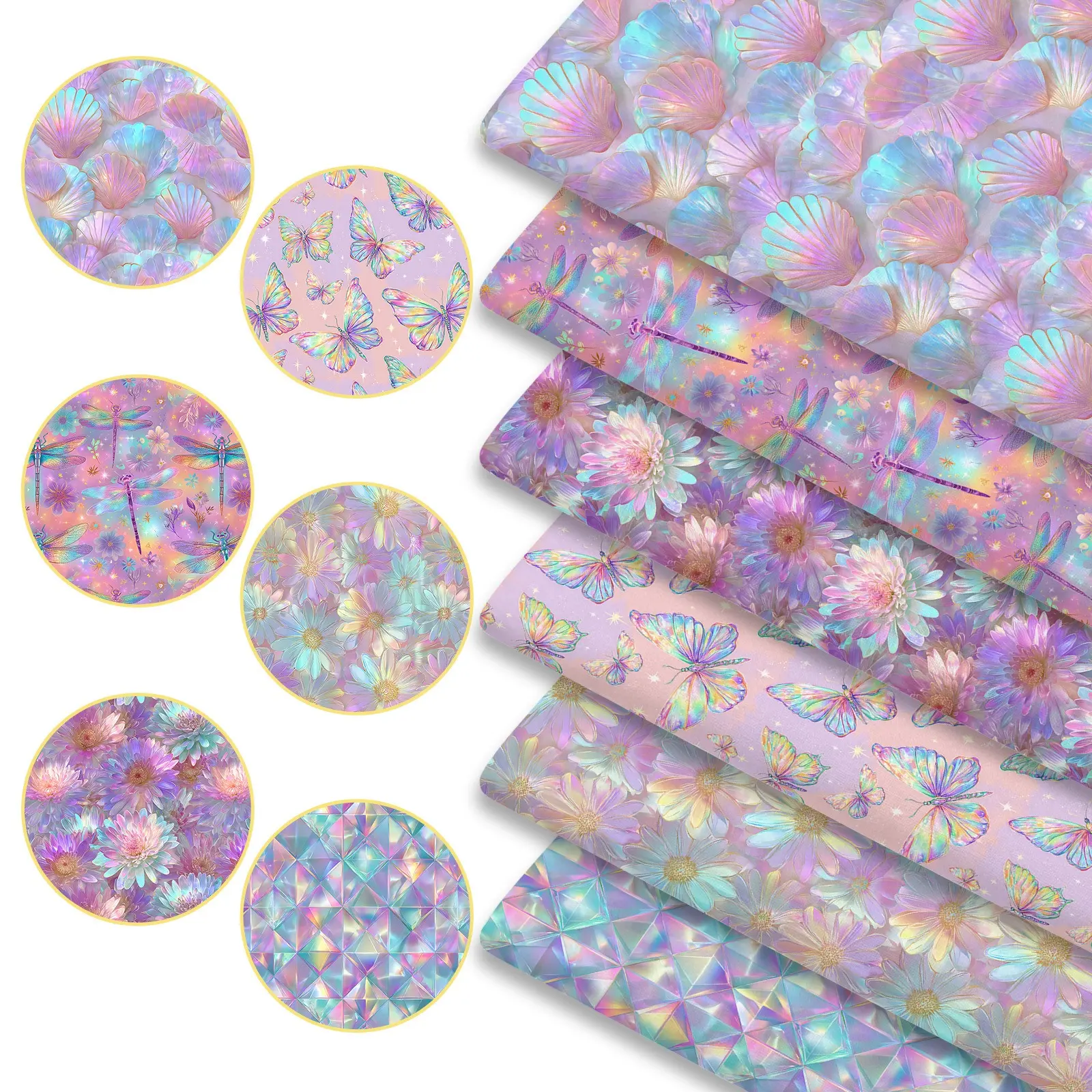 6pcs Dreamy Iridescent Print Fabric Bundles, 45cm*50cm/17.72in*19.69in Holographic Style Fabric Squares for Quilting, Patchwork Sewing Material for Bedding, Tablecloth, Bags, Masks, Hats, Headbands, Pillowcases