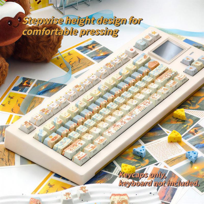 New 120-key Cream Bear Themed Side-Engraved Translucent Keycaps, CHERRY Profile Double-Shot PBT Material, Adopting 5-Side Dye-Sublimation Technology, Wear-Resistant, Anti-Shine, Mechanical Keyboard Keycaps, Gaming Keyboard Keycap