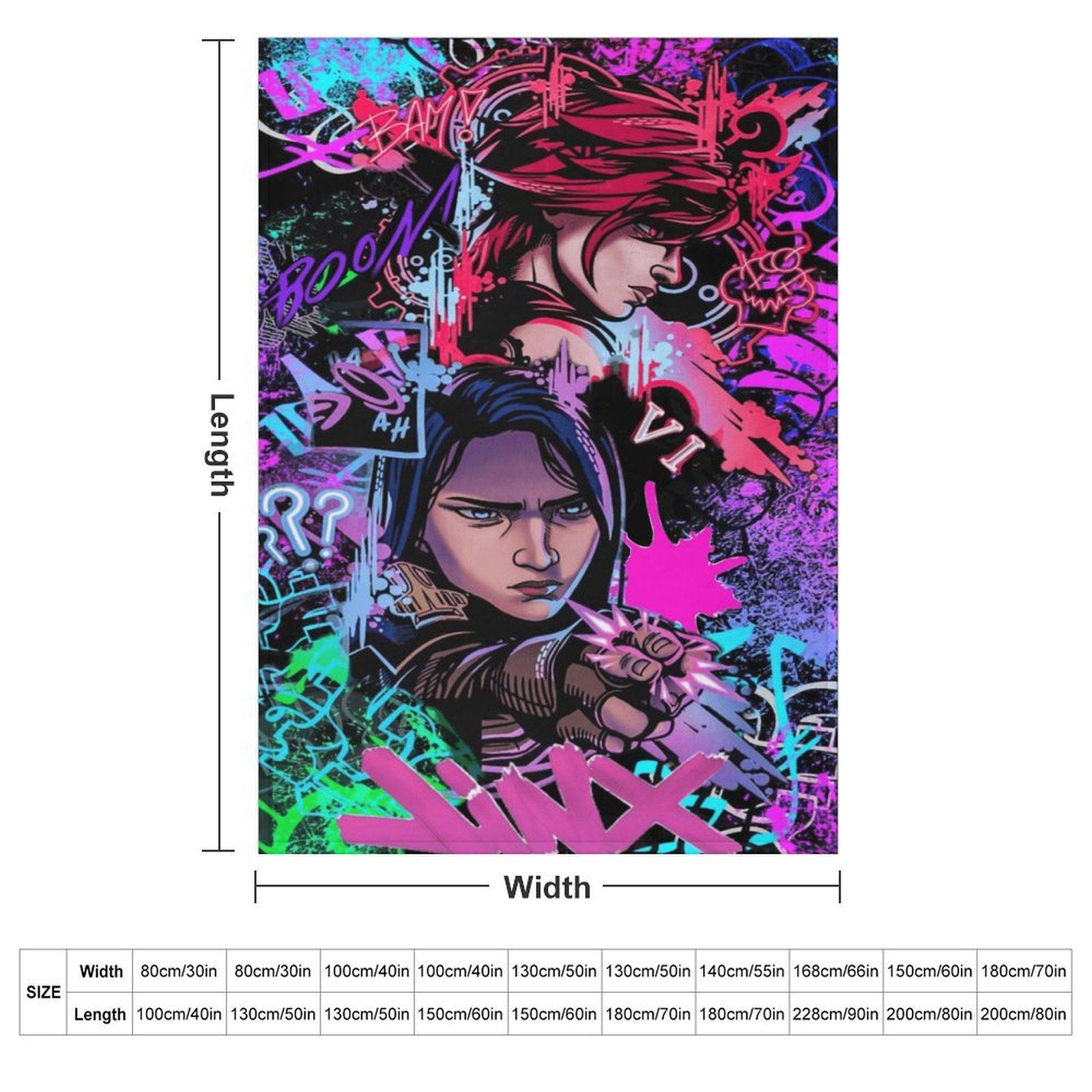 "Arcane" Jinx & Vi Graffiti Flannel Blanket — A Soft, Casual Throw. An Edgy, Neon-Punk Style Fleece Blanket Featuring Game Characters—A Unique Gift for Fans with an Aesthetic Sensibility. A Comfortable, Warm Throw Blanket for Sofas and Beds.