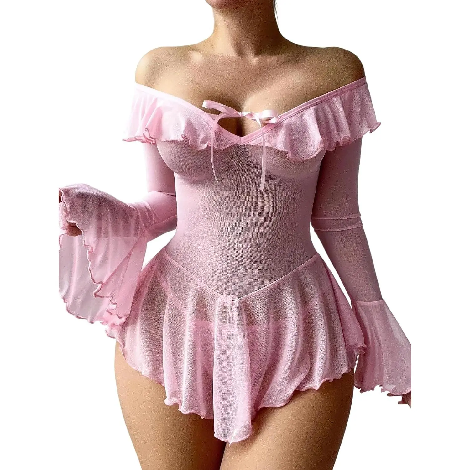 Sexy Lingerie for Women Rave Outfits Clubwear See Through Lingerie Sets Bell Sleeve Ruffle Mesh Tops